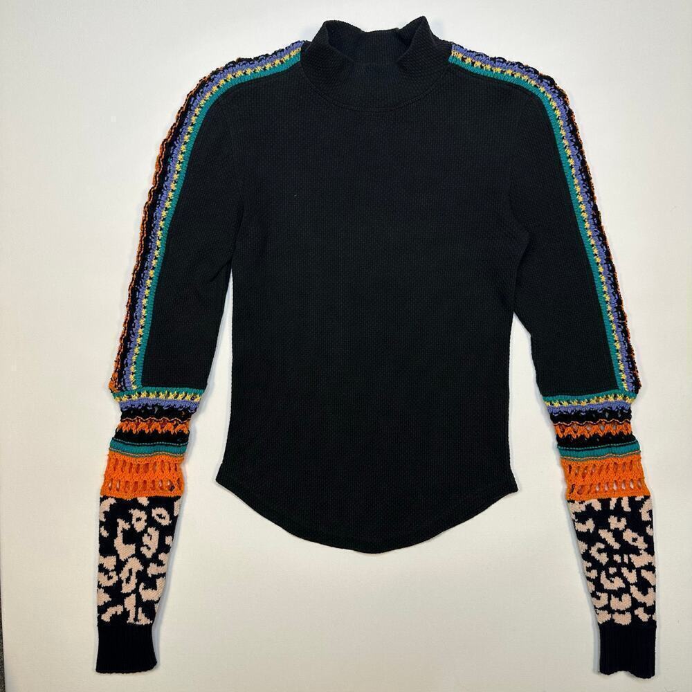 Free People Mock Neck Crochet Sleeve Crop Shirt